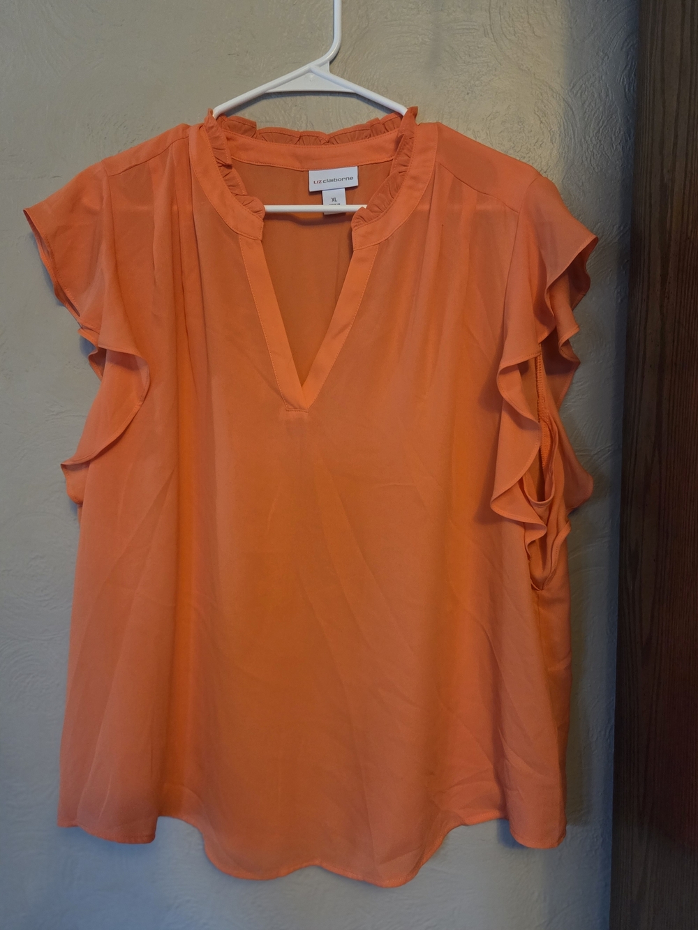 Liz Caiborne Coral Ruffled V-Neck Flutter Sleeve Blouse
